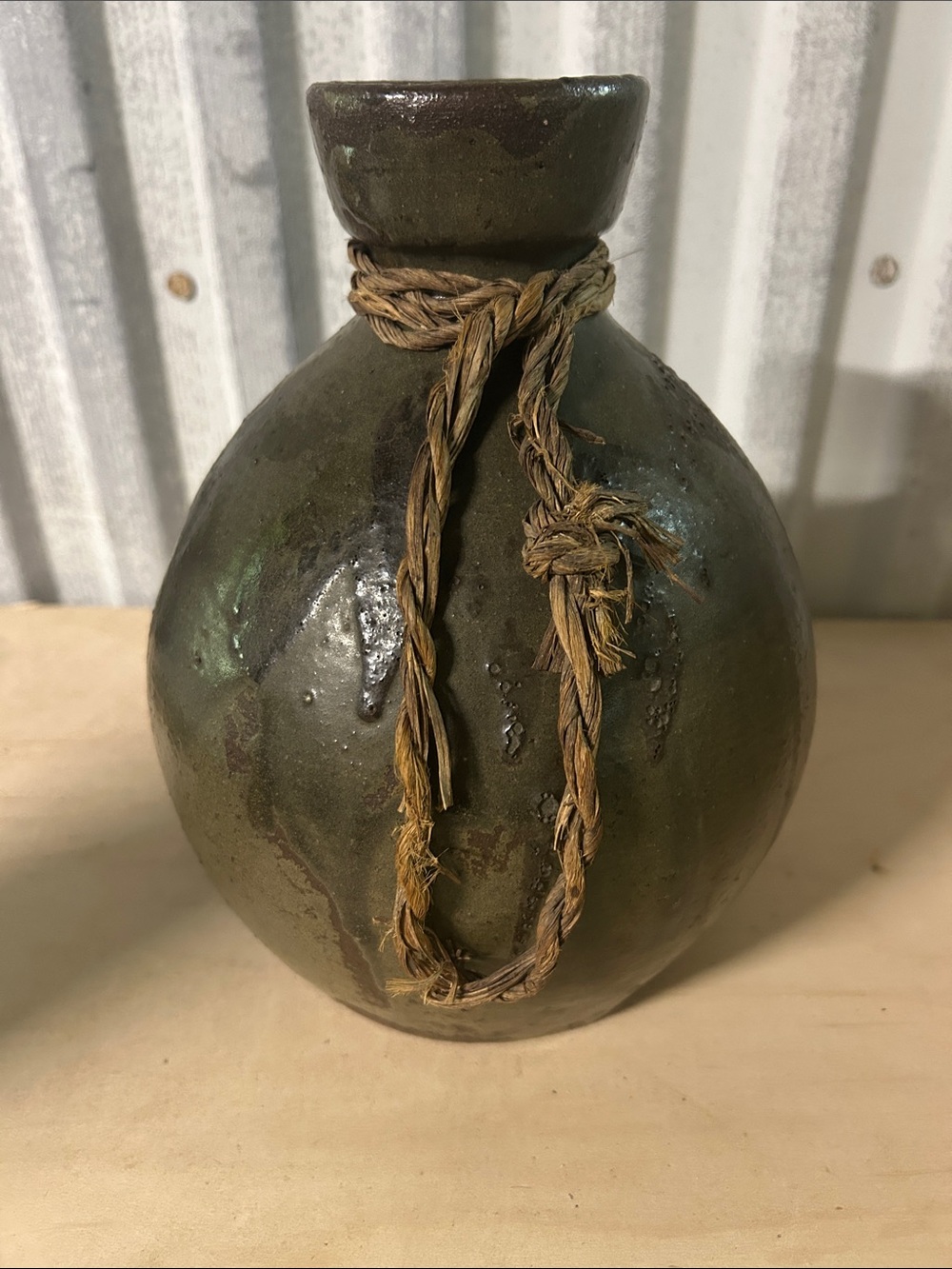 Round Ceramic Vase with Rope Accent - Olive Green